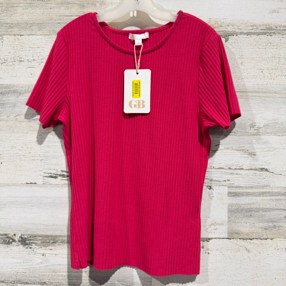 GB Girls Ribbed Knit Top Kids Size Youth Small Pink Short Sleeve Strawberry NWT